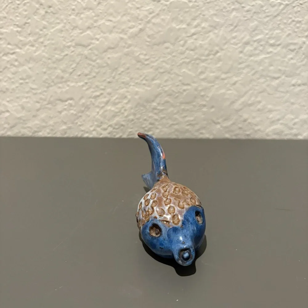 Vtg Barbados Ceramic Puffer Fish Figurine Blue Brown Textured Folk Art